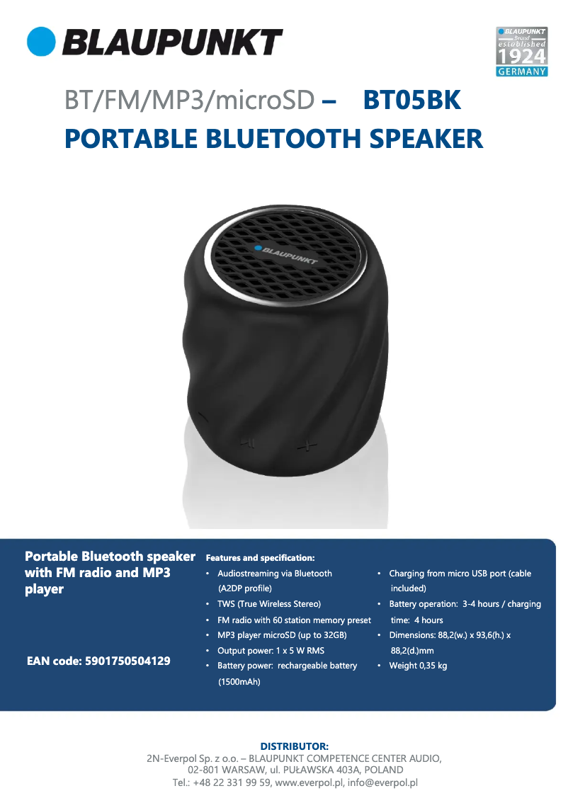 Page 1 de la notice Fiche technique Blaupunkt BT05