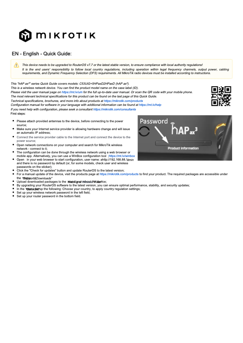 Page 1 de la notice Manuel utilisateur Mikrotik hAP ax³