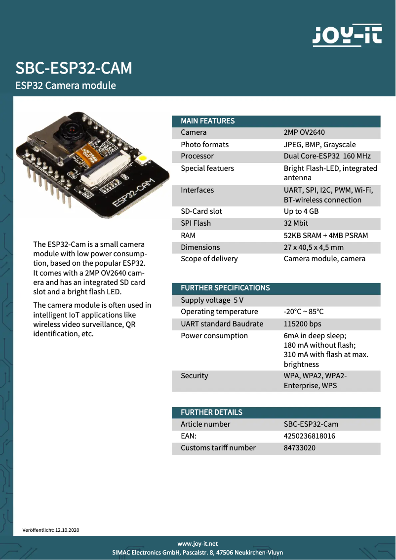 Image de la première page du manuel de l'appareil SBC-ESP32-Cam