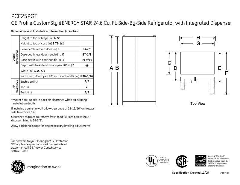 Page n°1 - Fiche technique GE PCF25PGTBB