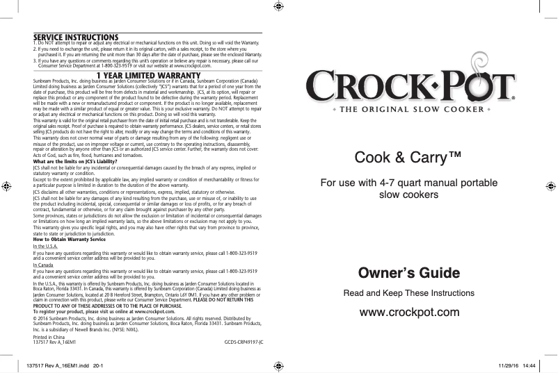 Page 1 de la notice Manuel utilisateur Crock-Pot Cook & Carry CPSCVO60LL-TGT