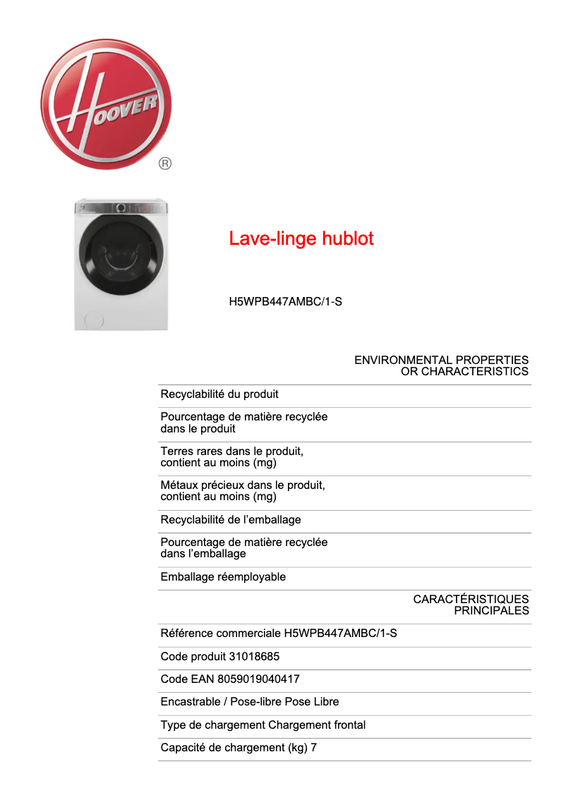 Page n°1 - Fiche technique Hoover H5WPB447AMBC/1-S