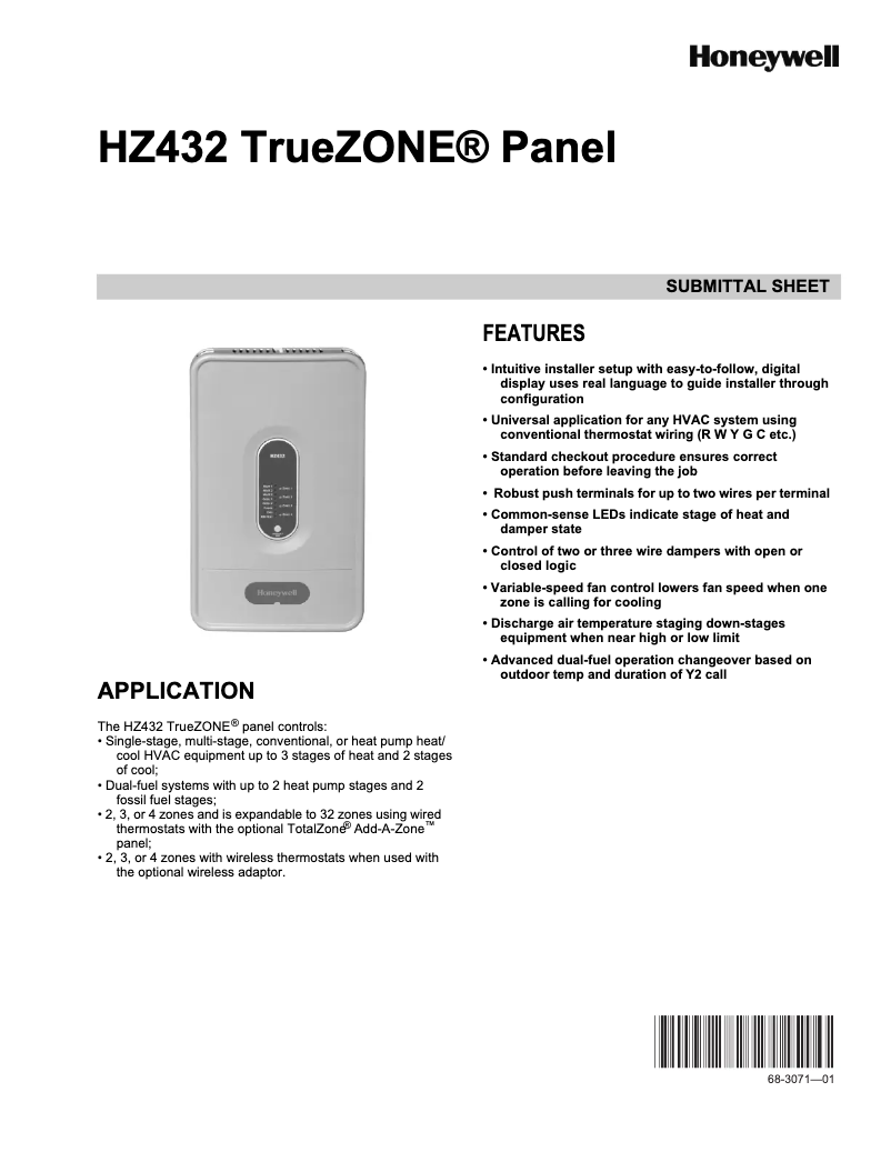 Page n°1 - Fiche technique Honeywell TrueZONE HZ432