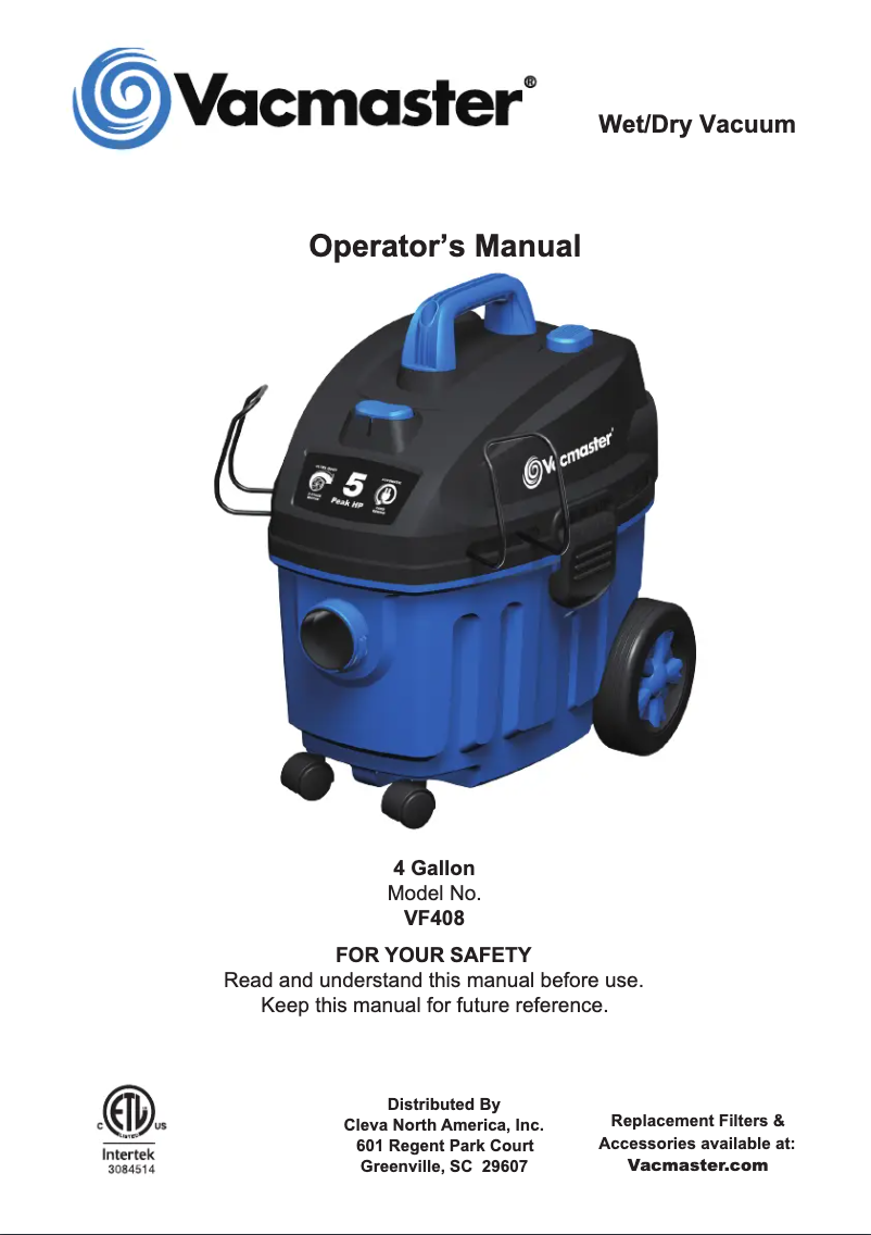 Page n°1 - Manuel utilisateur Vacmaster VF408
