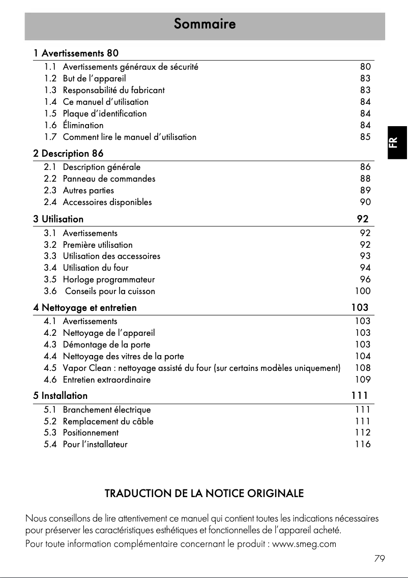 Page 1 de la notice Manuel utilisateur Smeg SF6100VB3