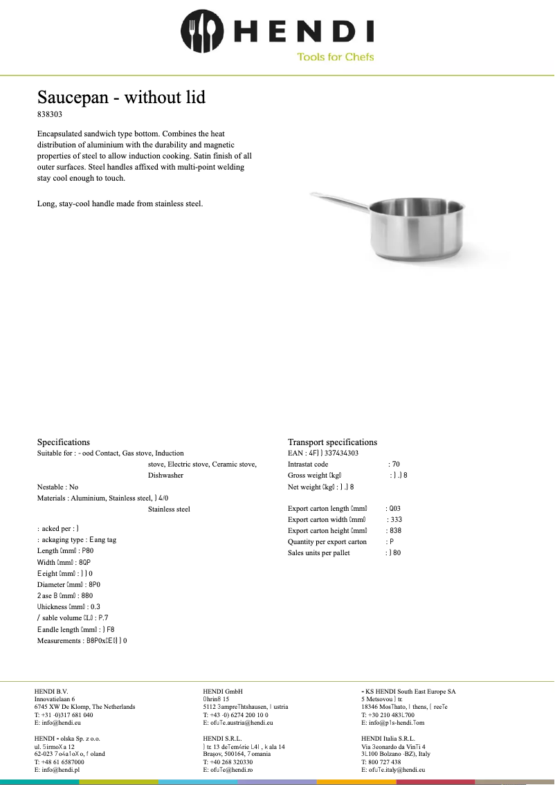 Page 1 de la notice Fiche technique Hendi 838204