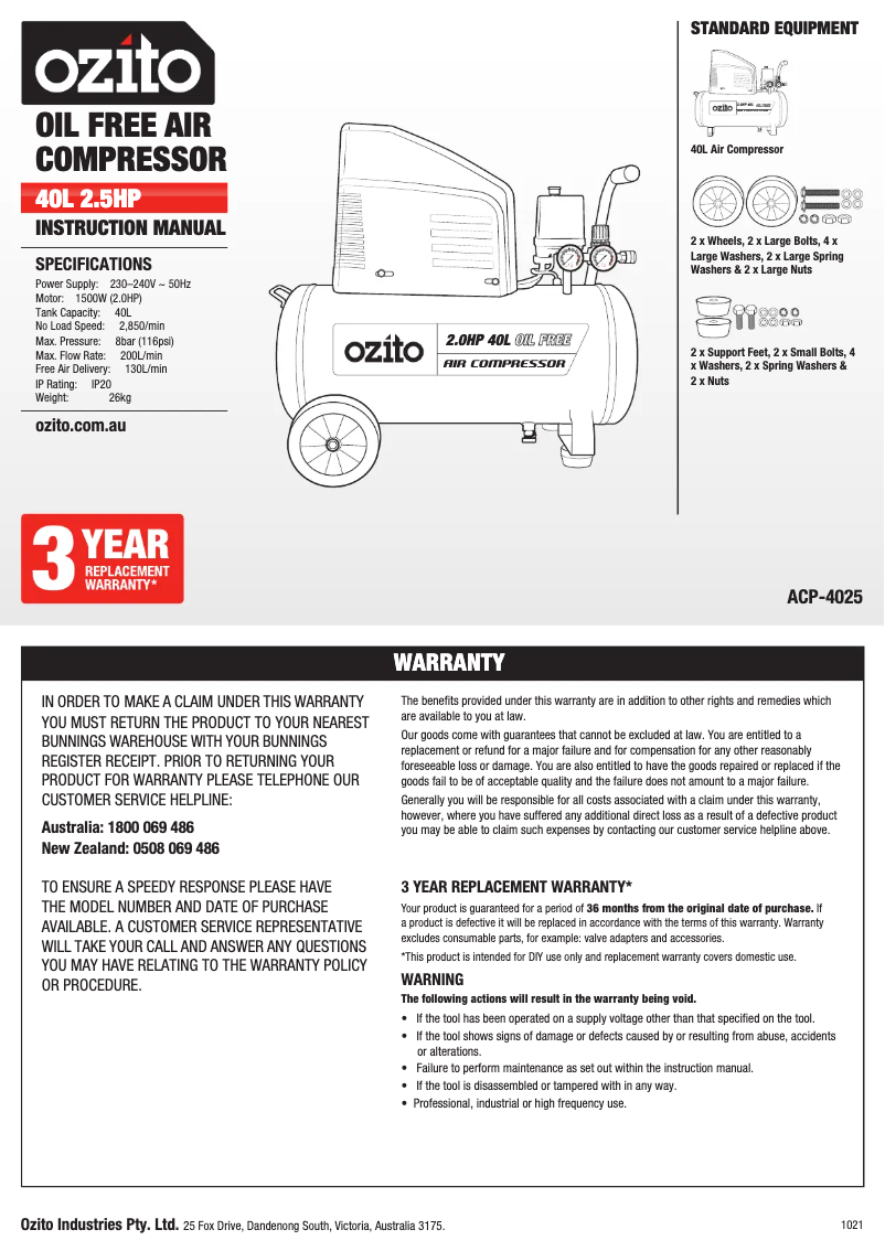 Page 1 de la notice Manuel utilisateur Ozito ACP-4025