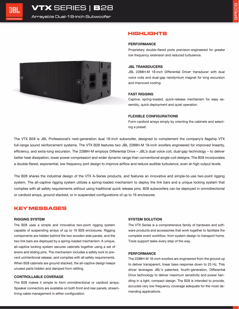 Page 1 de la notice Fiche technique JBL VTX B28