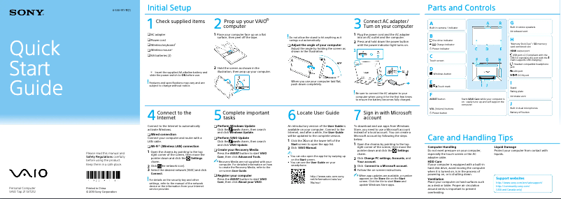 Page 1 de la notice Guide d'installation Sony Vaio Tab 21 SVT21228CXB