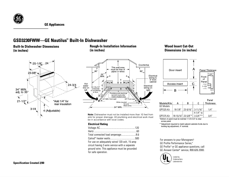 Page 1 of the manual Technical Sheet GE GSD3230FWW
