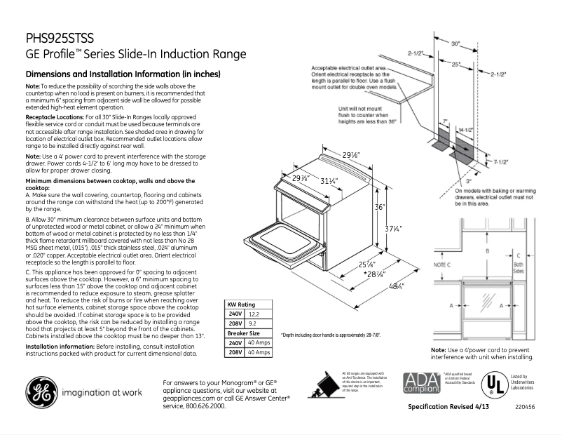 Page 1 of the manual Technical Sheet GE Profile PHS925STSS