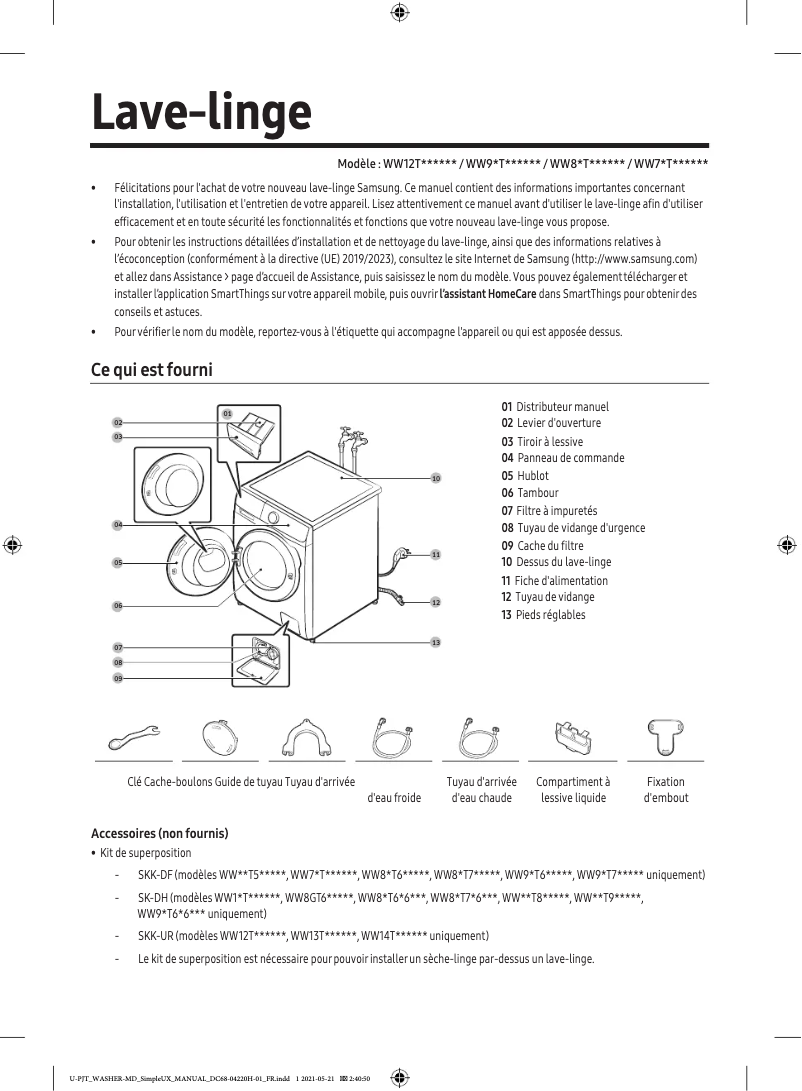 Page 1 de la notice Manuel utilisateur Samsung WW12T504DTW