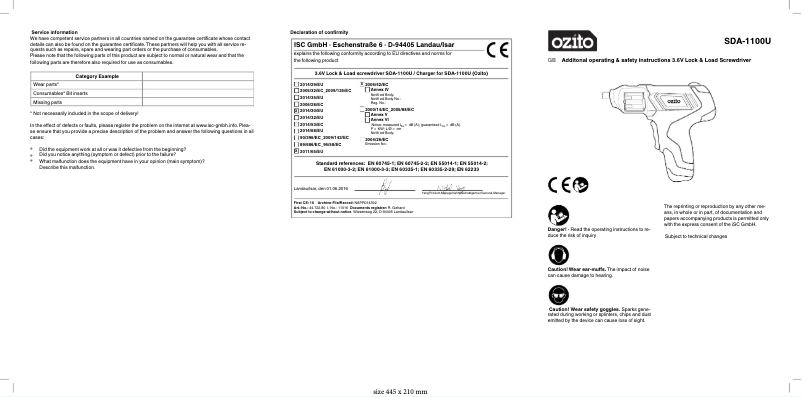 Page 1 de la notice Manuel utilisateur Ozito SDA-1100U