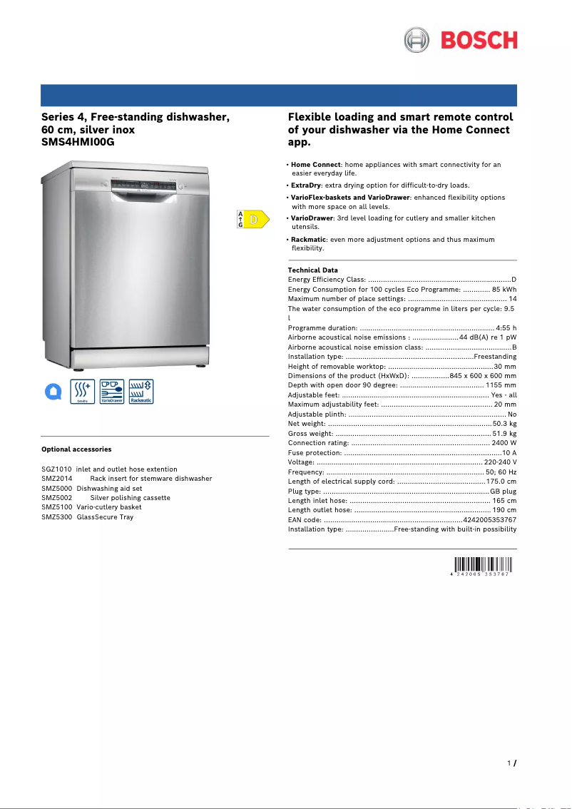 Page 1 de la notice Fiche technique Bosch SMS4HMI00G