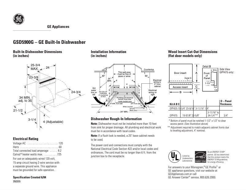 Page 1 de la notice Fiche technique GE GSD5900GWW