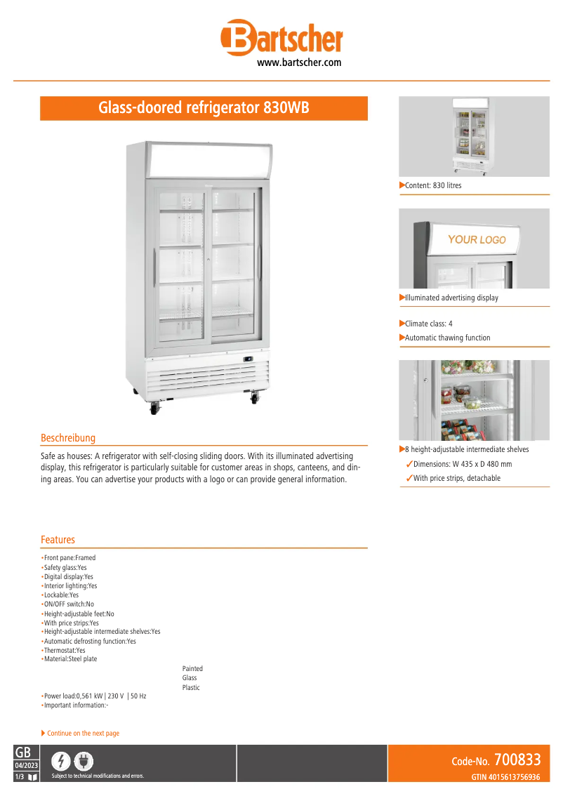 Página 1 del manual Ficha técnica Bartscher 700833