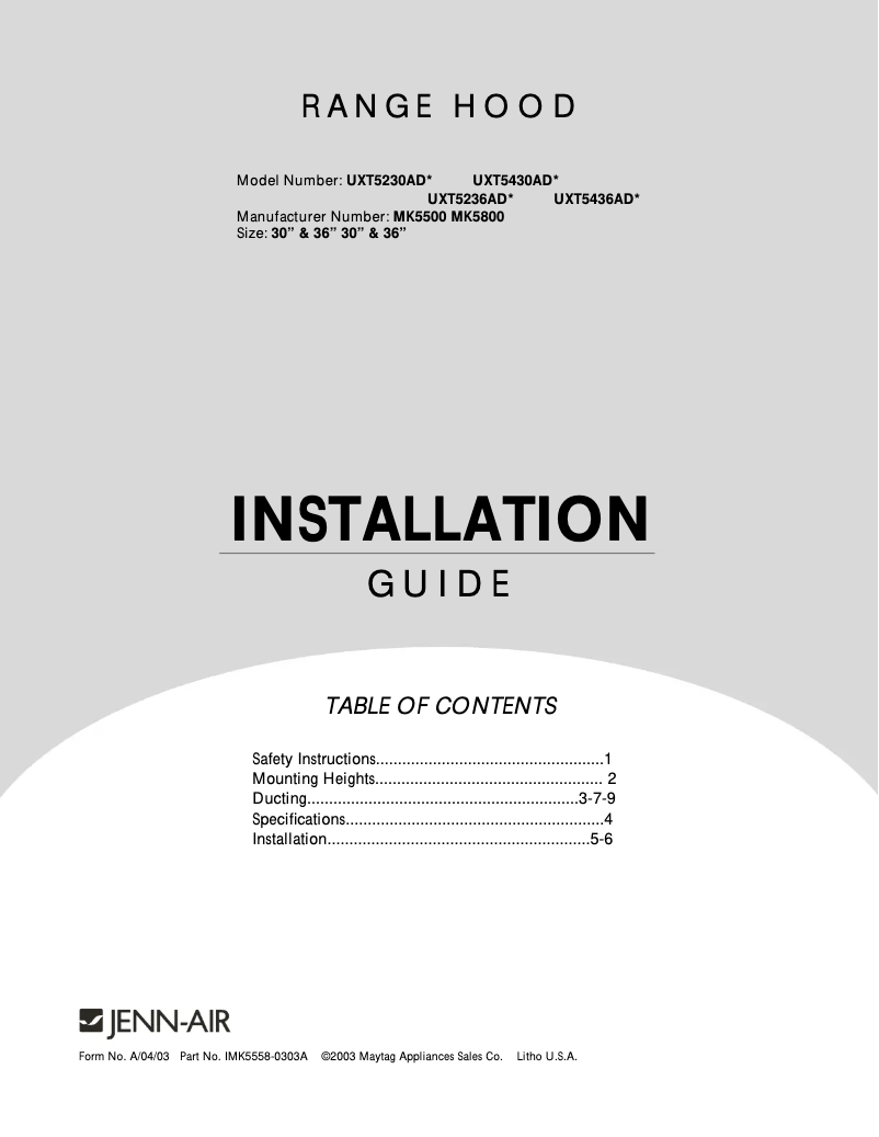 Page 1 de la notice Guide d'installation KitchenAid UXT5230ADB