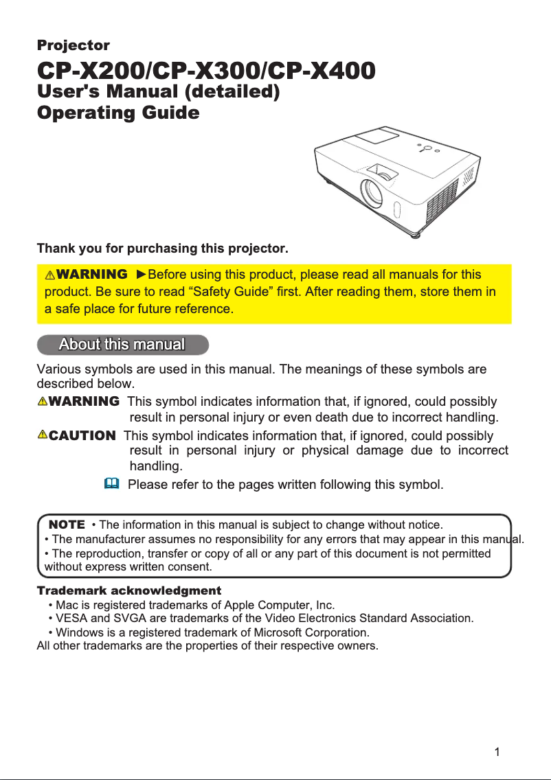 Image de la première page du manuel de l'appareil CP-X400WF