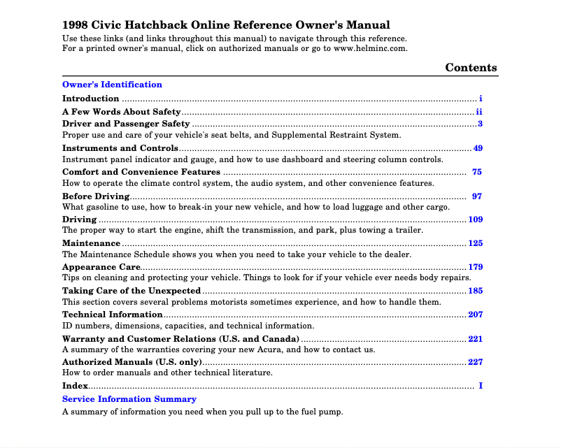 Image de la première page du manuel de l'appareil Civic GX (1998)