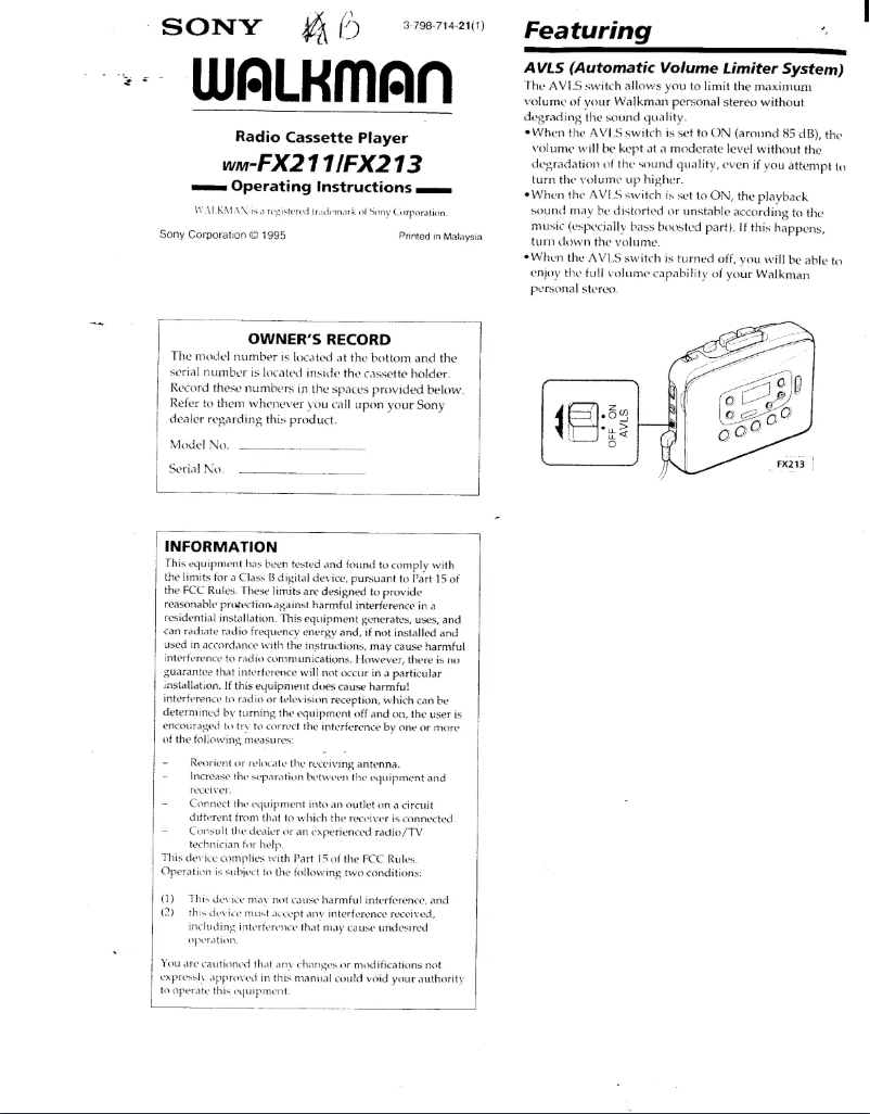 Page 1 de la notice Manuel utilisateur Sony Walkman WM-FX211
