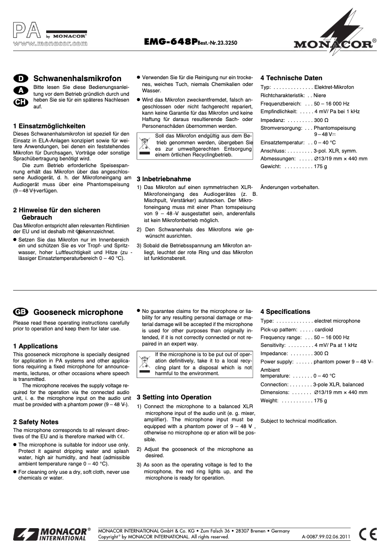 Page 1 de la notice Manuel utilisateur Monacor EMG-648P