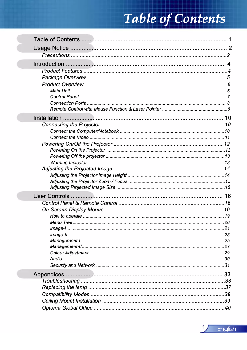 Page 1 de la notice Manuel utilisateur Optoma EP910