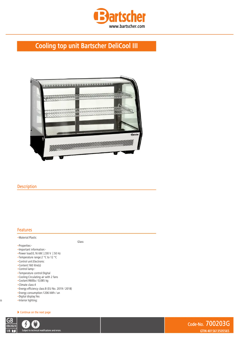 Page 1 de la notice Fiche technique Bartscher DeliCool III 700203G