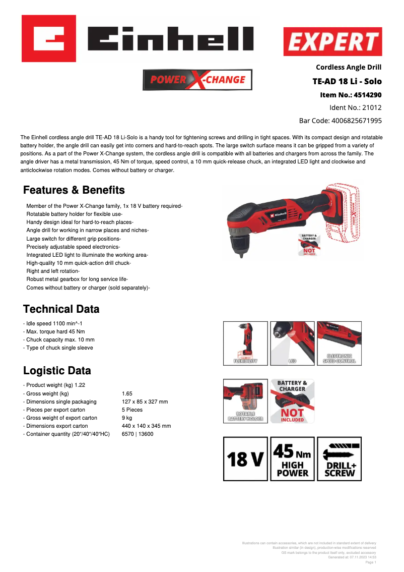 Page 1 de la notice Fiche technique Einhell TE-AD 18 Li