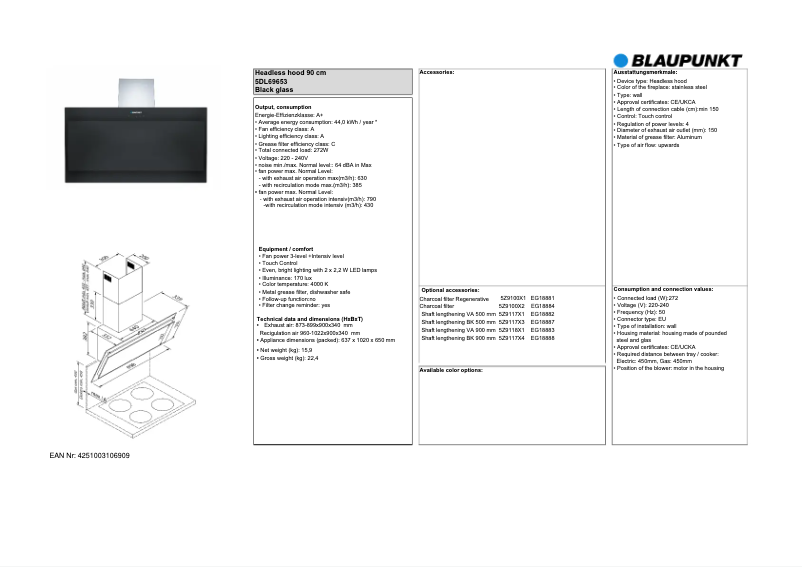 Page 1 de la notice Fiche technique Blaupunkt 5DL69653