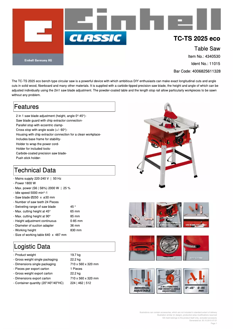 Page n°1 - Fiche technique Einhell TC-TS 2025/2 eco