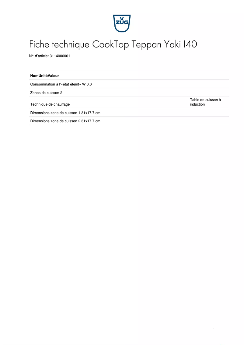 Imagen de la primera página del manual del dispositivo CookTop Teppan Yaki I40