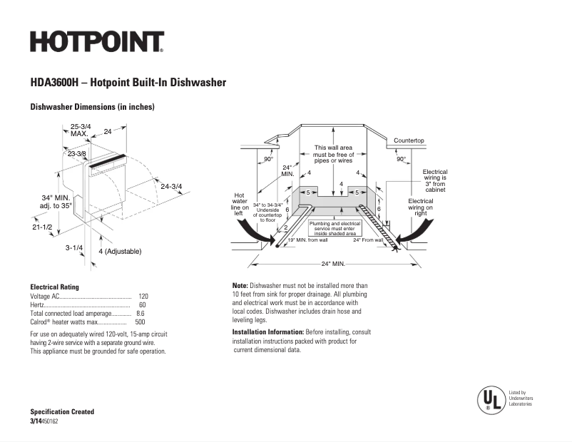 Page 1 de la notice Fiche technique Hotpoint HDA3600HBB