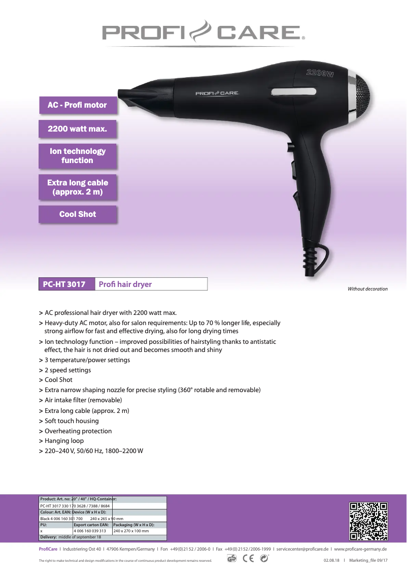 Page 1 de la notice Fiche technique ProfiCare PC-HT 3017