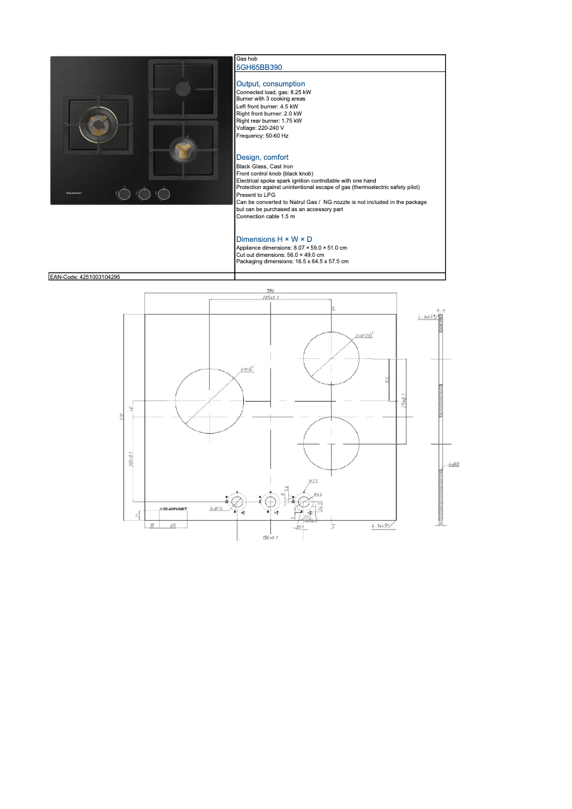 Página 1 del manual Ficha técnica Blaupunkt 5GH65BB390