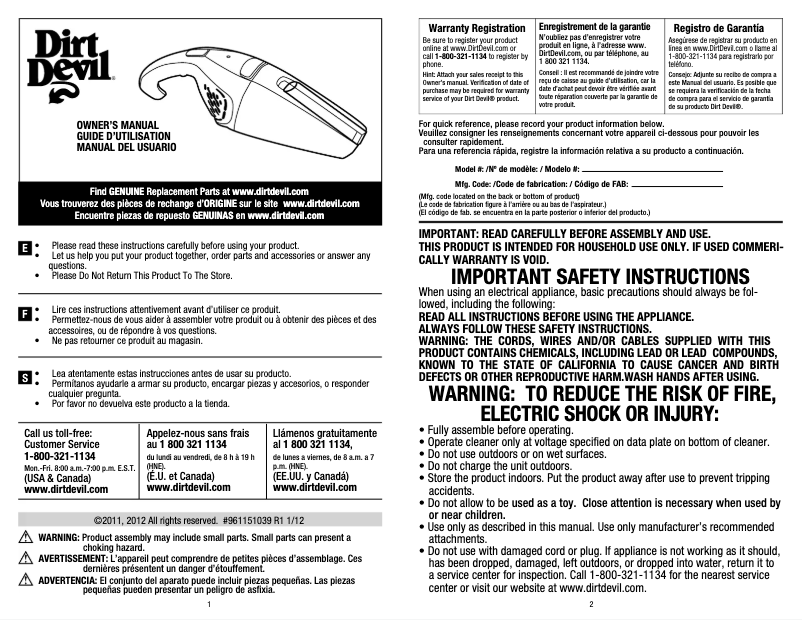 Page 1 de la notice Manuel utilisateur Dirt Devil BD10250