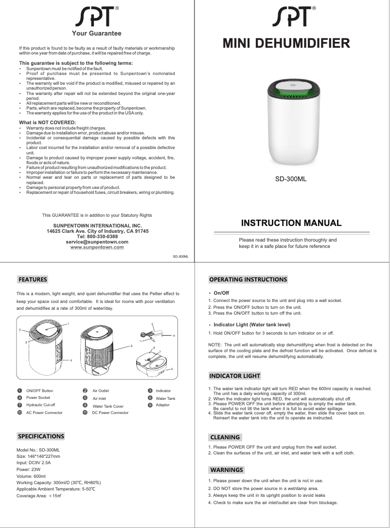 Page n°1 - Manuel d'utilisation et d'entretien SPT SD-300ML
