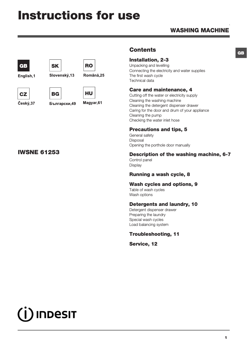 Page 1 de la notice Manuel utilisateur Indesit IWSNE 61253 C ECO EU