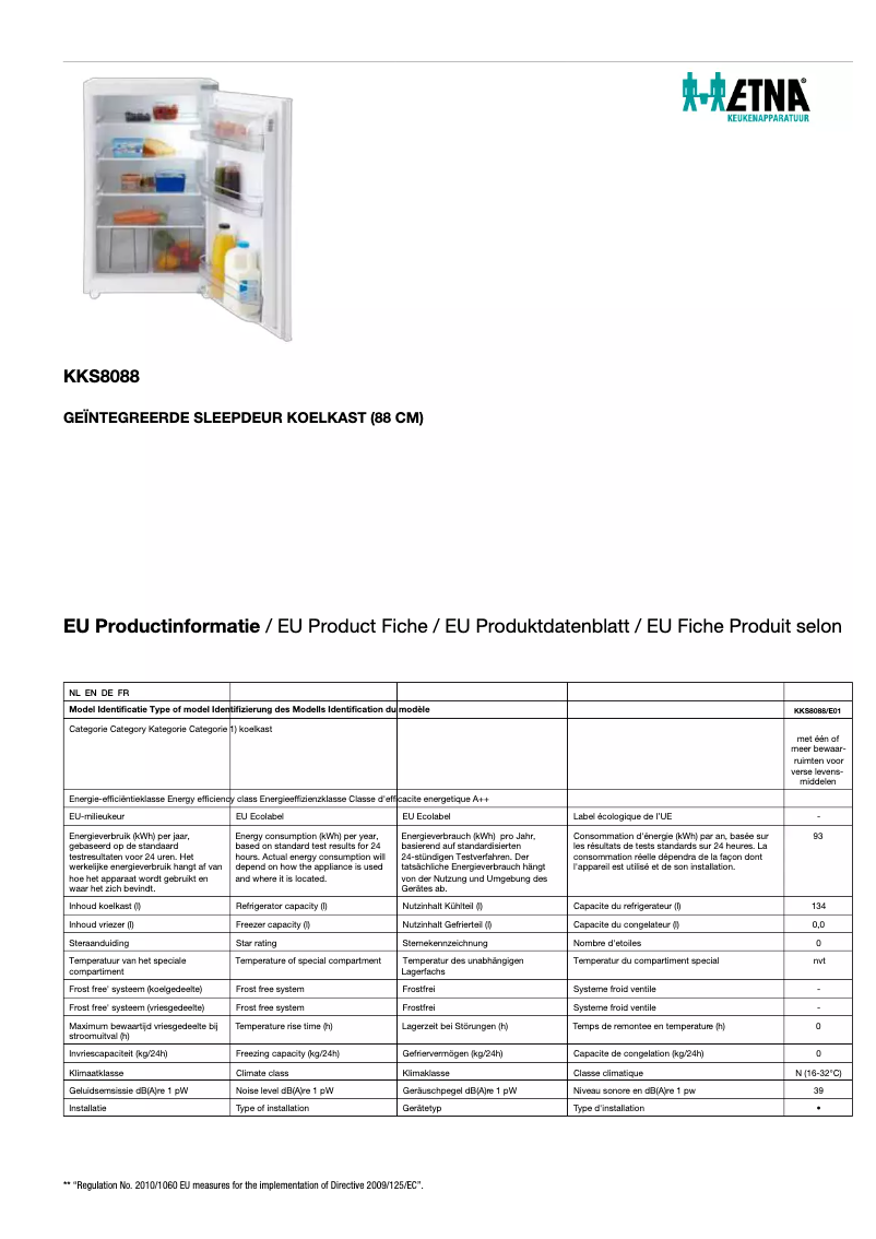 Page 1 de la notice Fiche technique Etna KKS8088