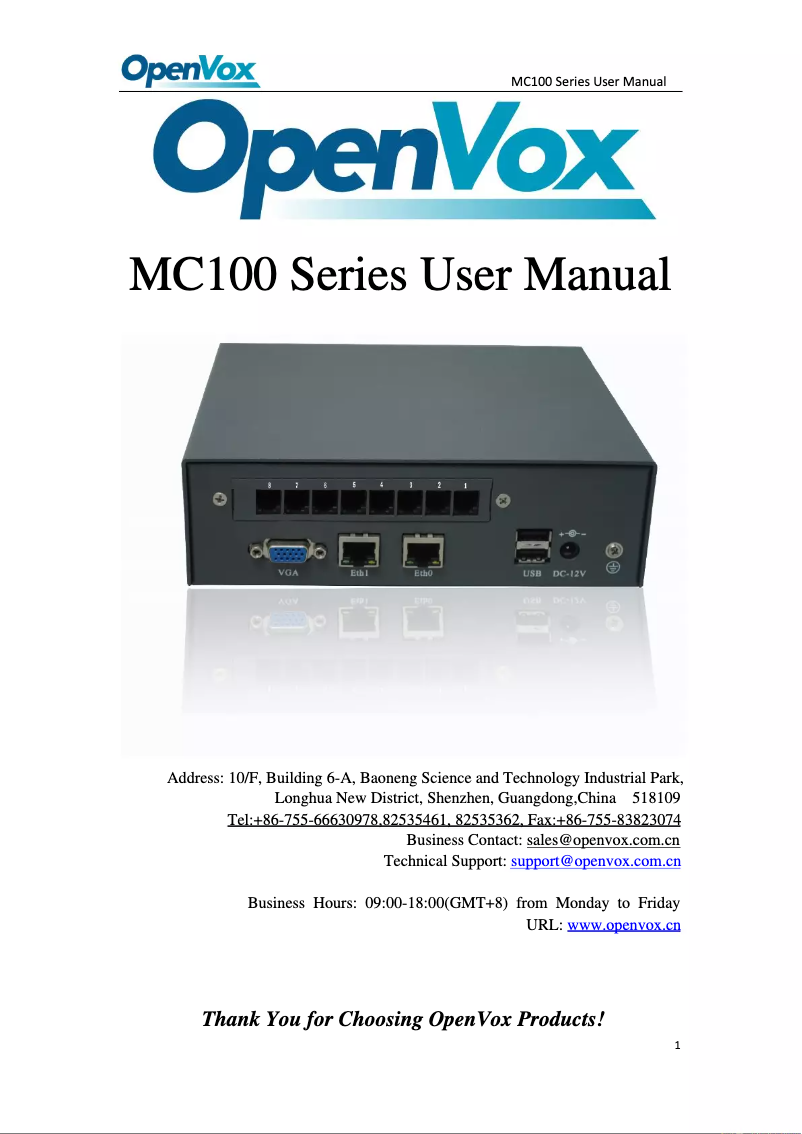 Page 1 de la notice Manuel utilisateur OpenVox MC100