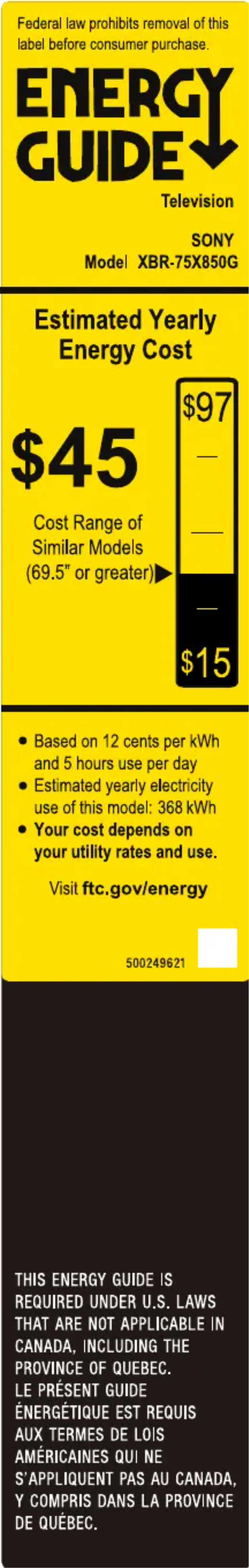 Page 1 de la notice Label énergétique Sony XBR75X850G/C
