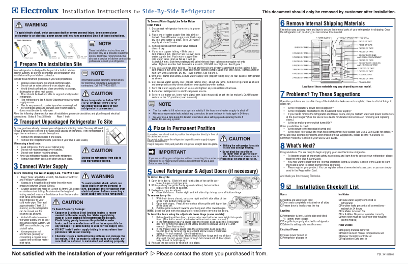 Page 1 de la notice Guide d'installation Electrolux EW26SS70IB