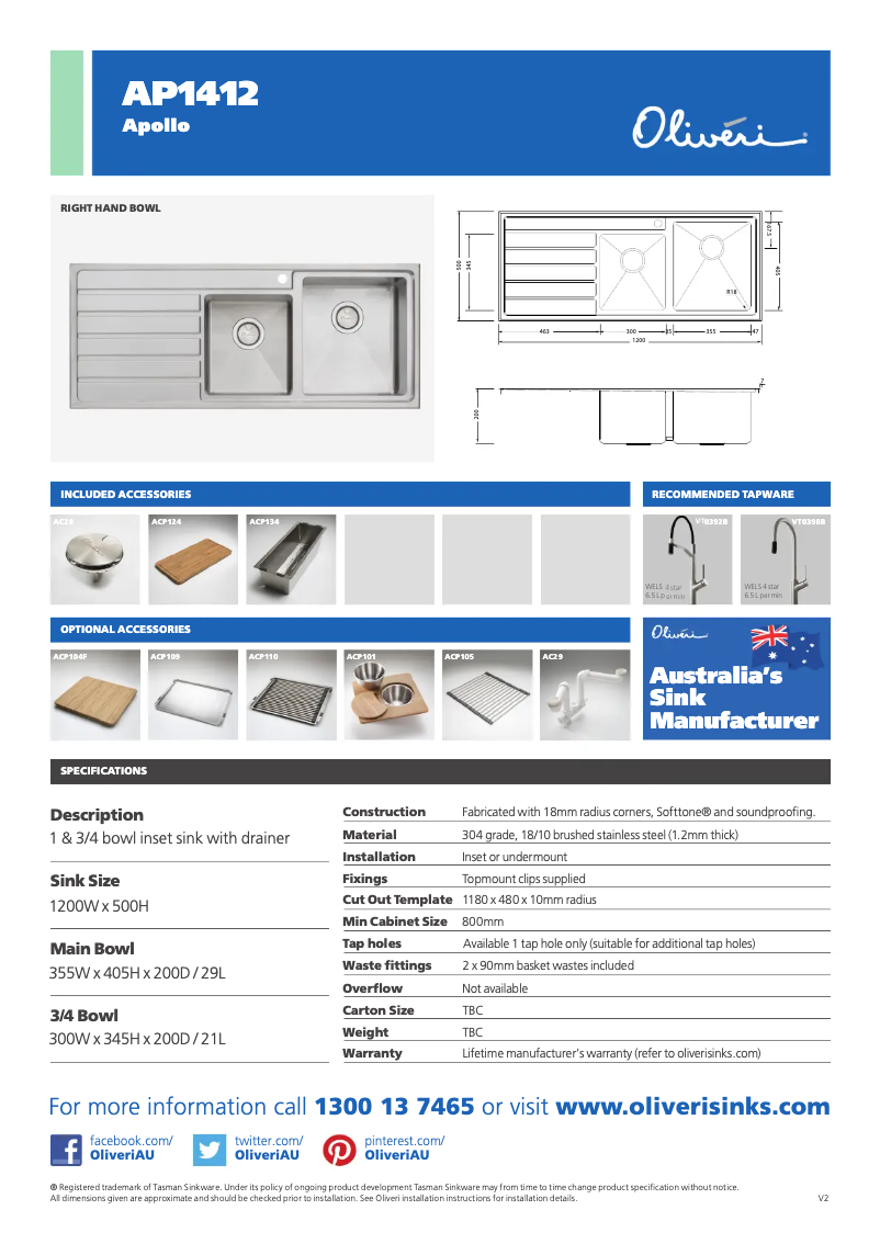 Page 1 de la notice Fiche technique Oliveri AP1412