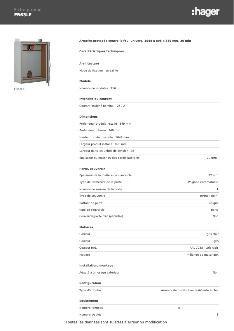 Page n°1 - Fiche technique Hager FB63LE