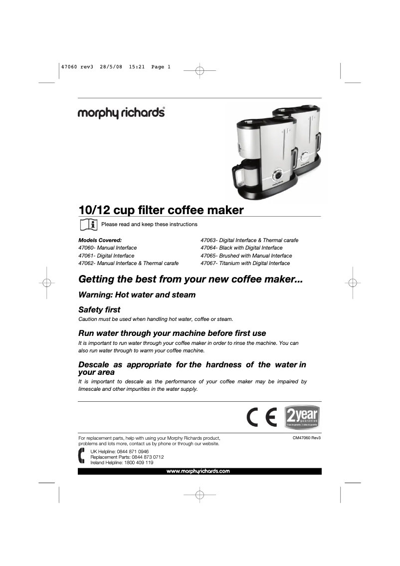 Page 1 de la notice Manuel utilisateur Morphy Richards 10/12 cup filter 47064