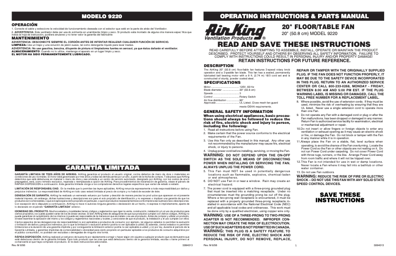 Page 1 de la notice Manuel utilisateur Air King 9220