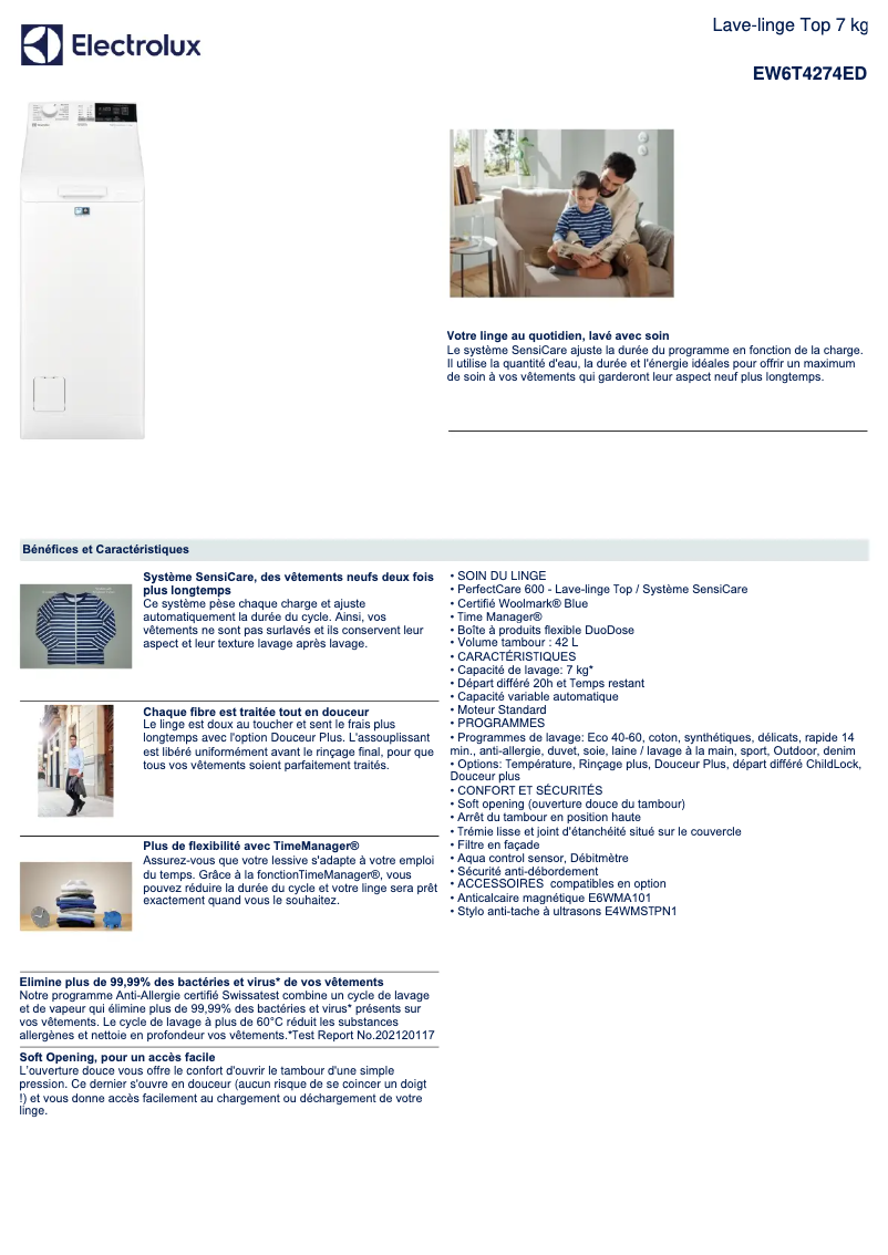 Page 1 de la notice Fiche technique Electrolux EW6T4274ED