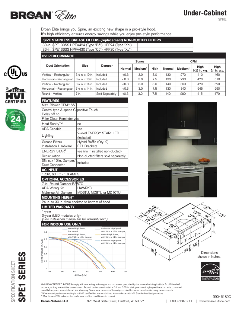 Page n°1 - Fiche technique Broan SPE130SS