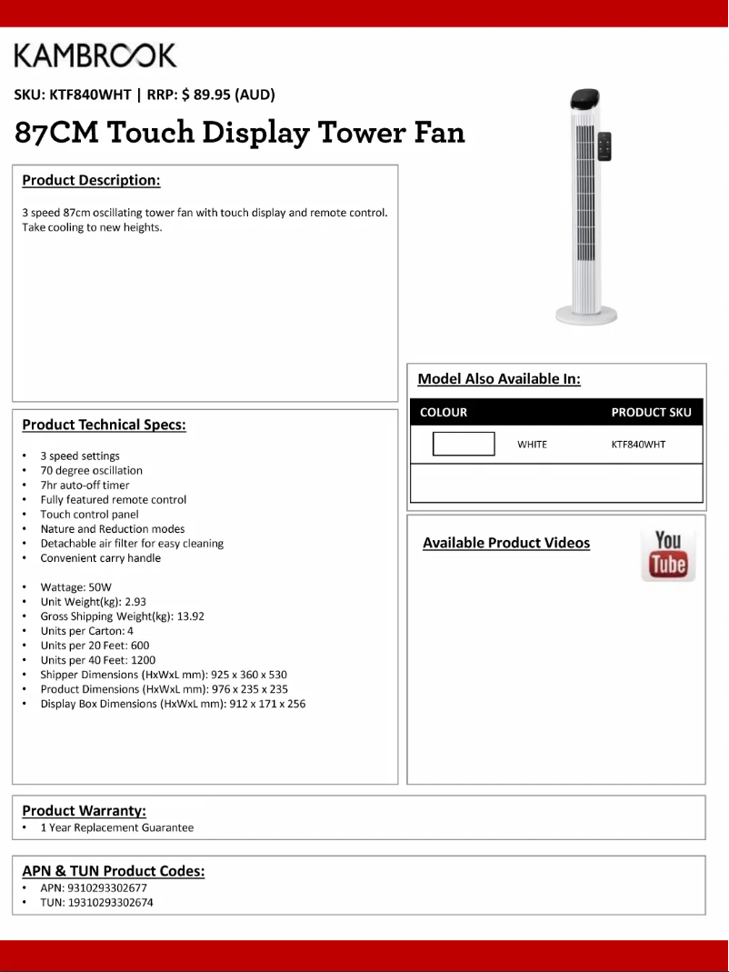 Page 1 de la notice Fiche technique Kambrook KTF840