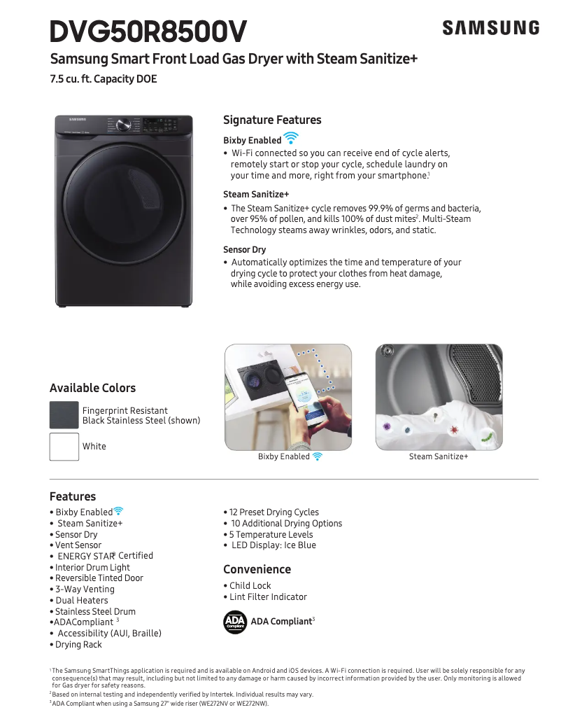 Page 1 de la notice Fiche technique Samsung DVG50R8500W
