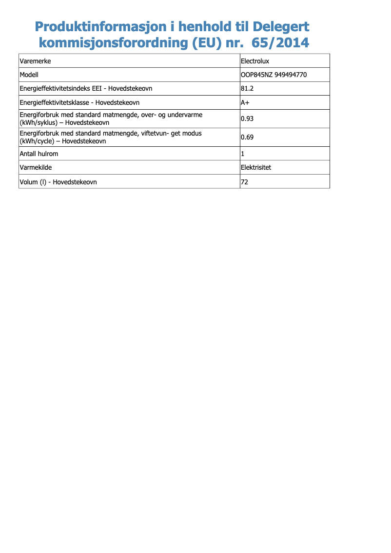 Page n°1 - Fiche technique Electrolux OOP845NZ